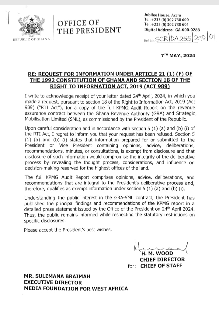 Presidency declines MFWA’s request for full KPMG report on SML/GRA contract