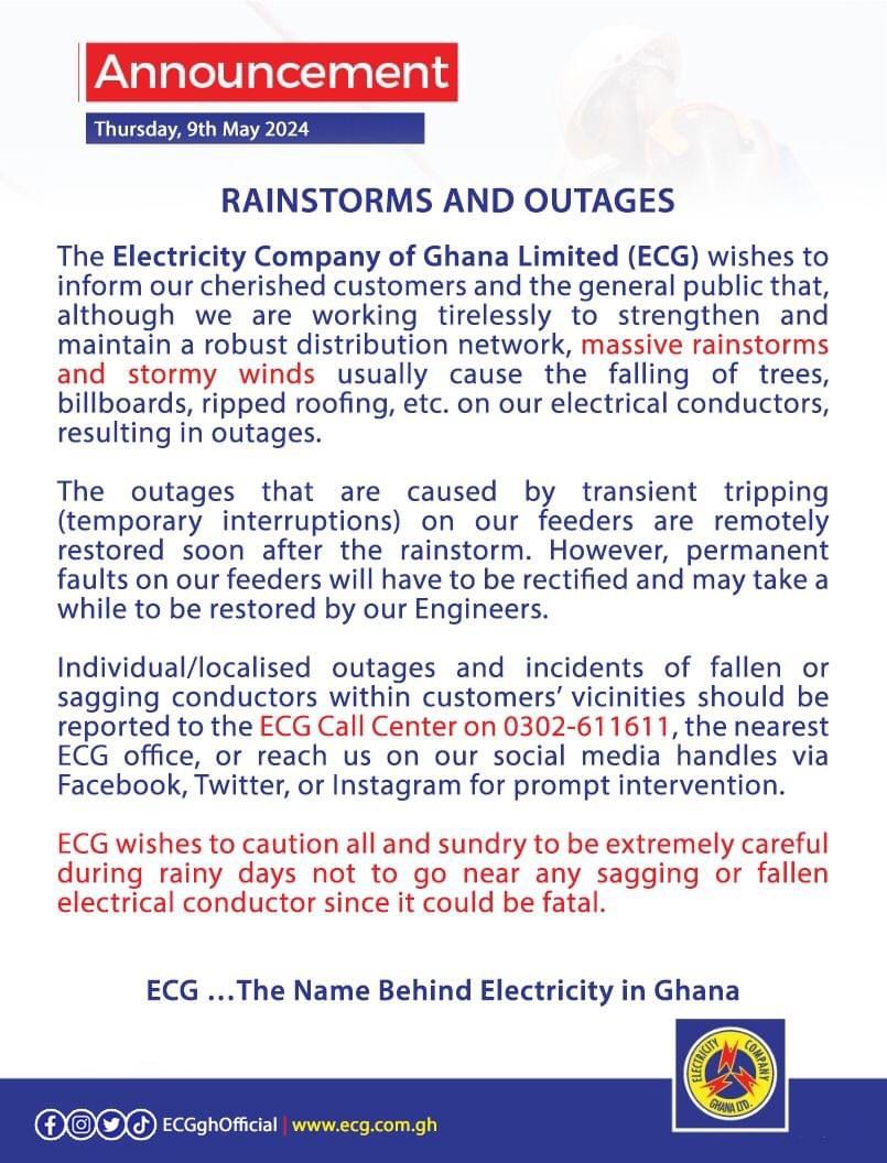 Avoid sagging electrical conductors during rainy days – ECG urges public