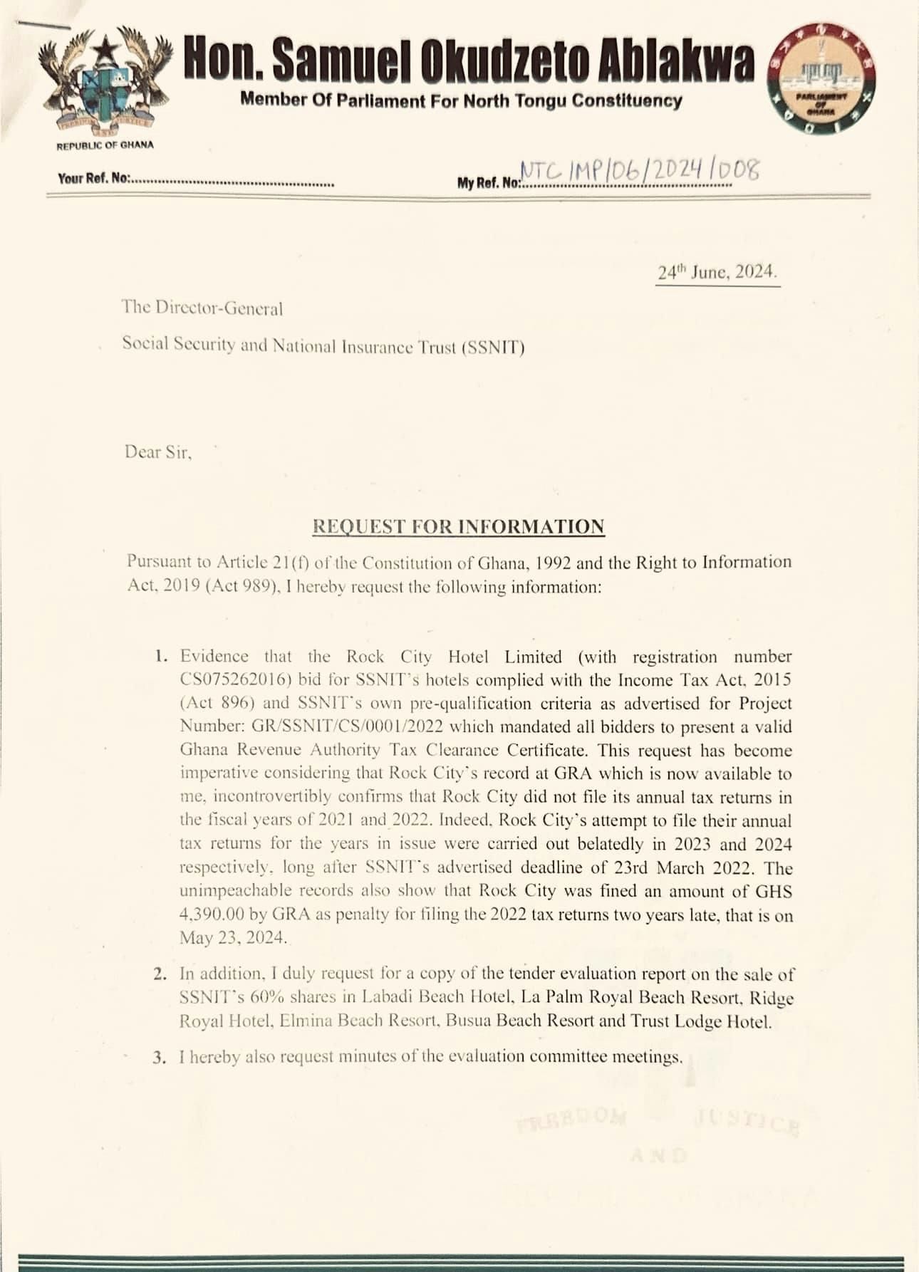 SSNIT hotels: Ablakwa files RTI request demanding Rock City’s GRA tax clearance certificate