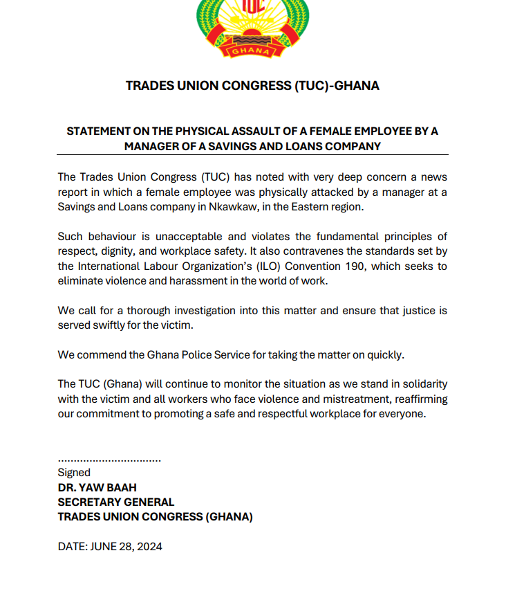 Nkawkaw: TUC demands thorough investigation into assault of female employee