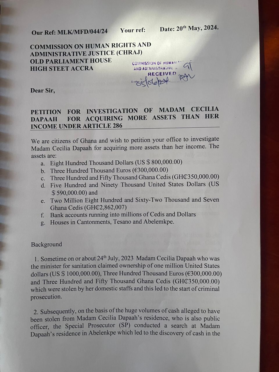 Mensah Thompson, Bernard Mornah, others petition CRHAJ to probe Cecilia Dapaah matter