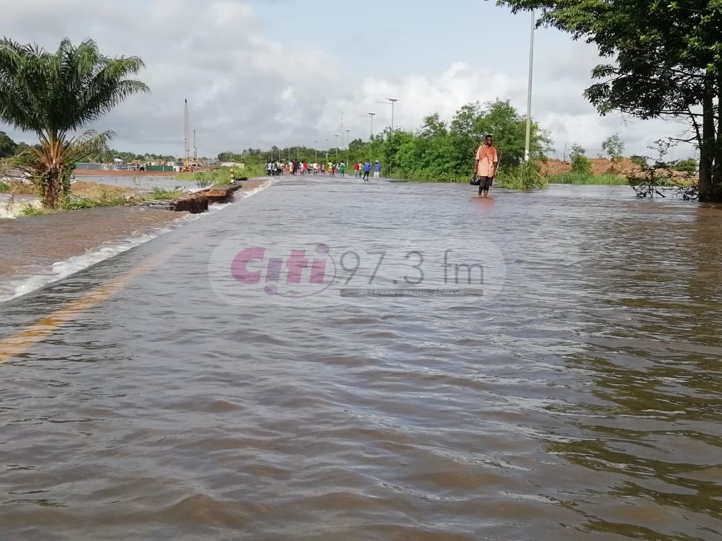 Accra-Winneba Highway caves in at Okyereko after diversion of River by contractor