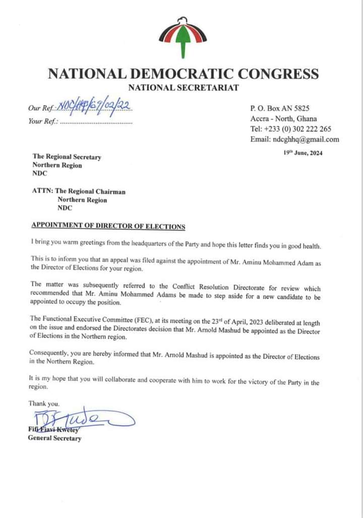 Arnold Mashud appointed as NDC Northern Regional Director of Elections