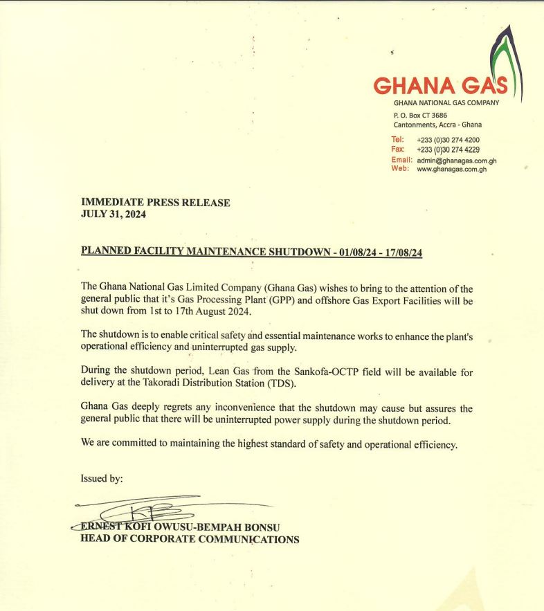 Ghana Gas to shut down processing plants for maintenance