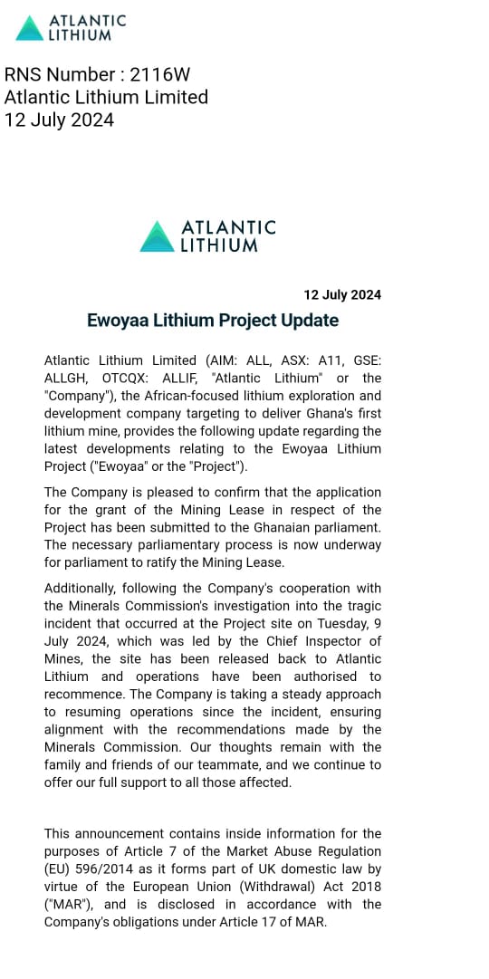 Atlantic Lithium resumes operations after accident