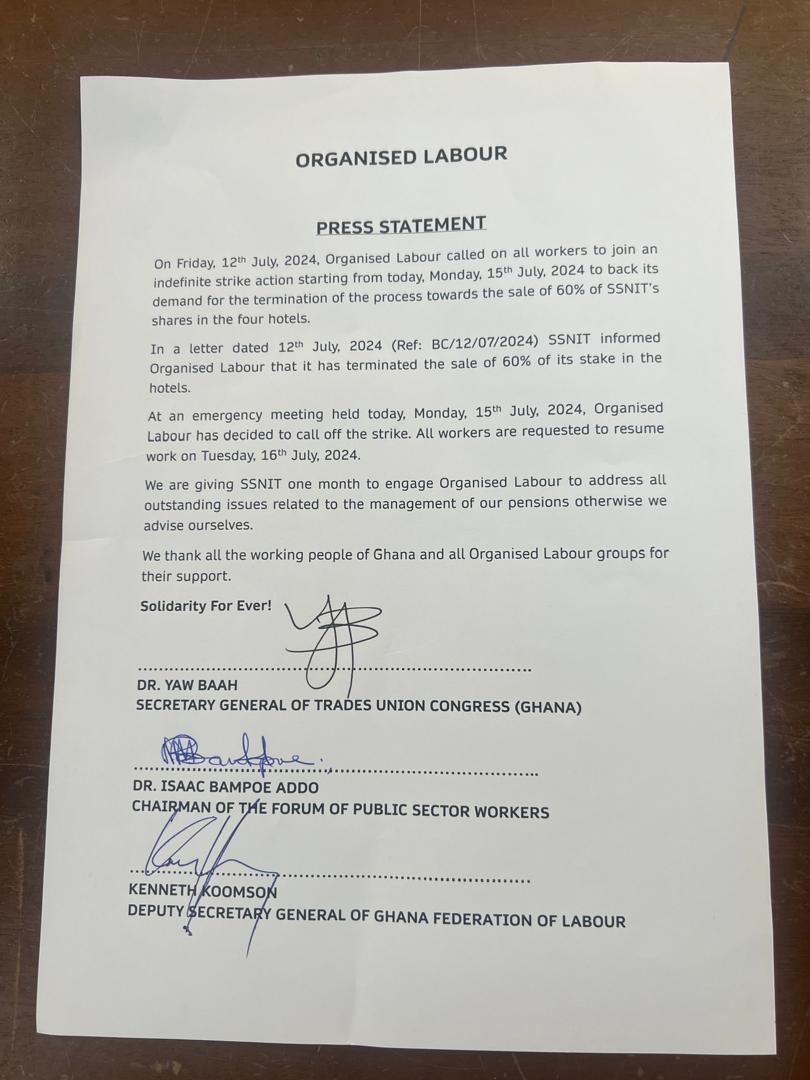 Organised Labour calls off strike; gives SSNIT one month to address concerns