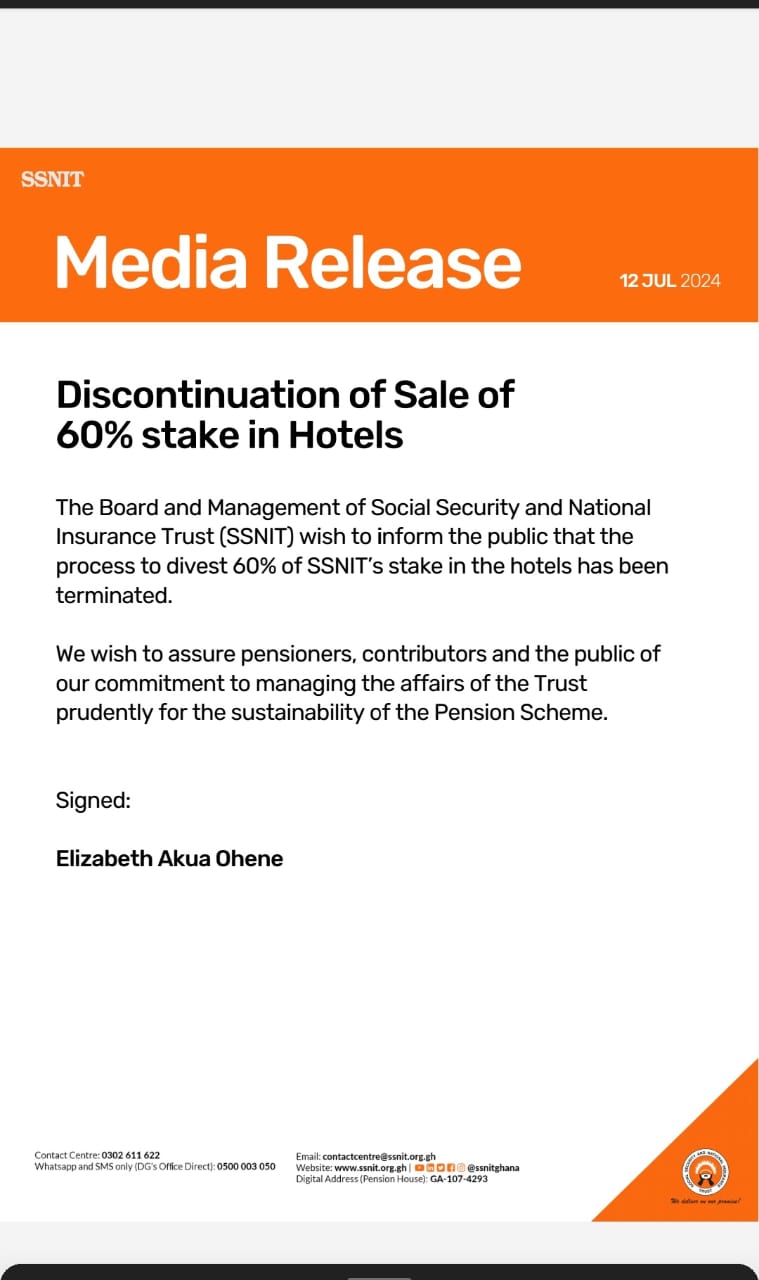 SSNIT terminates sale of 60% shares in four hotels