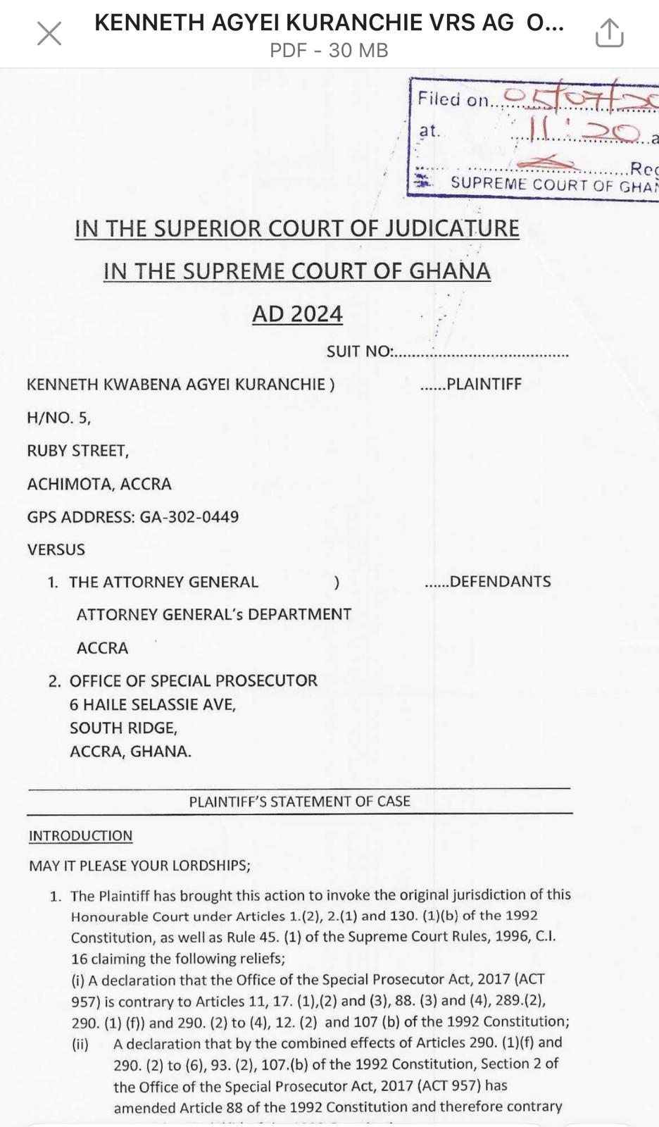 Ken Kuranchie sues AG over constitutionality of Special Prosecutor