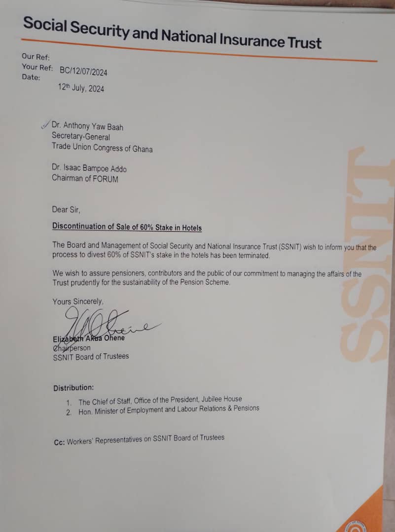 SSNIT confirms decision to end Hotel Sale process to Organised Labour