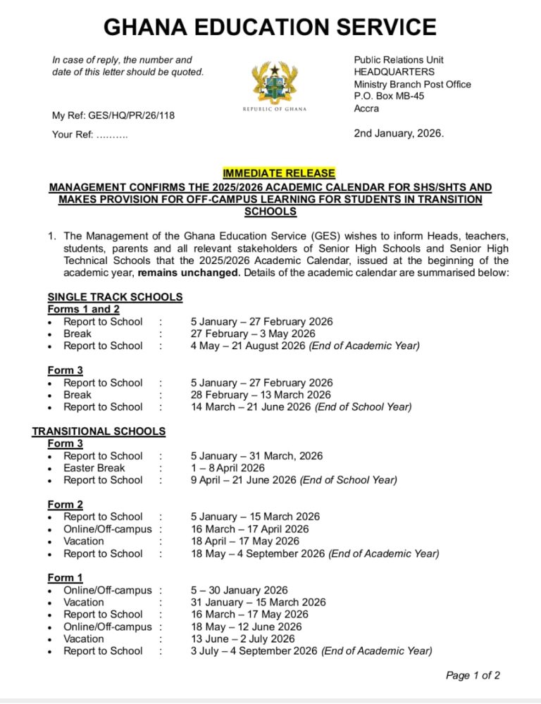 GES maintains 2025/2026 SHS academic calendar